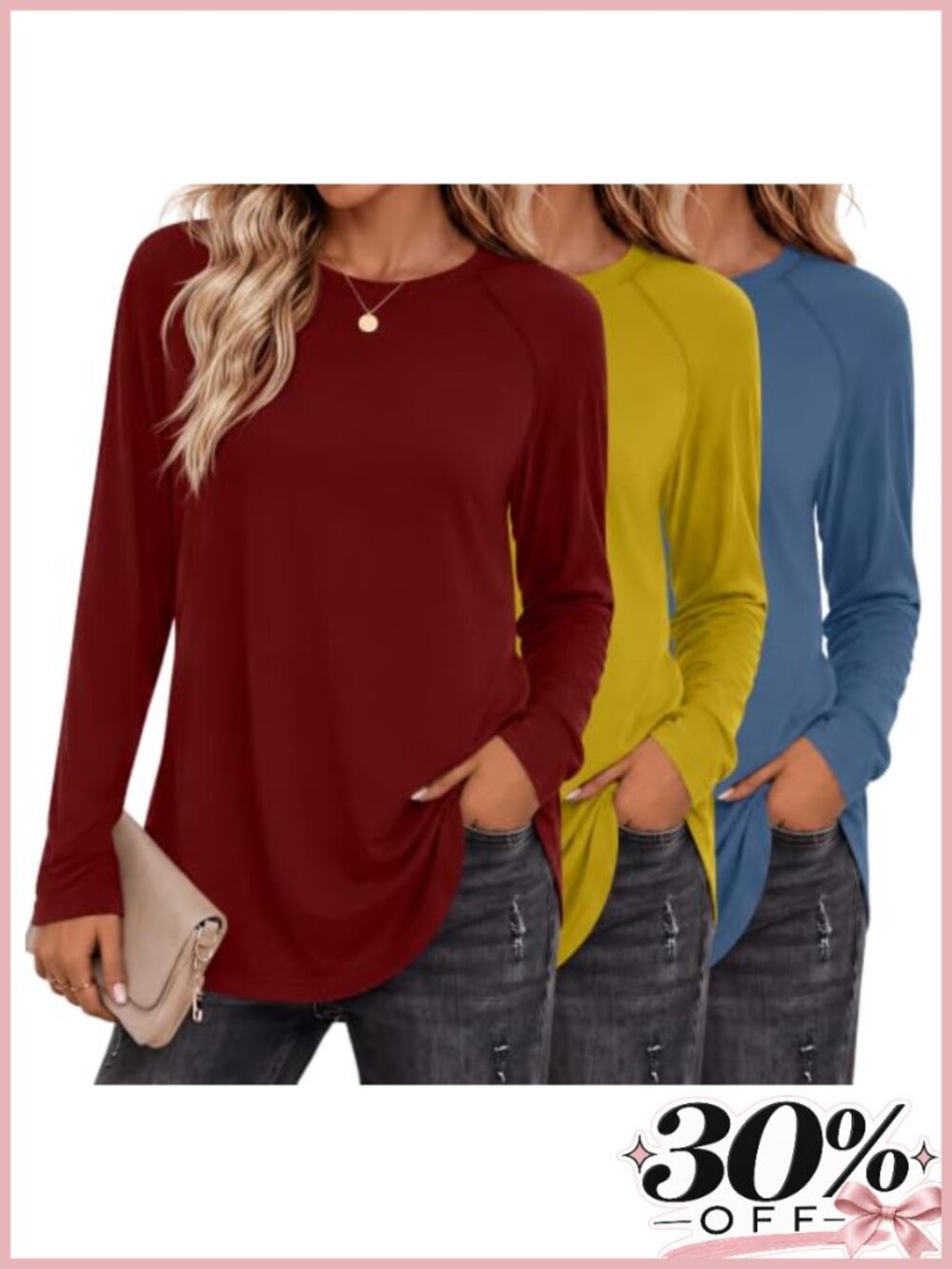 3Pc Womens Raglan Long Sleeve Tunic Tops Crew Neck Loose Fit Shirts